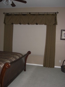 Decorative Custom Rods with valance and side panels With Blackout Honeycomb Shade